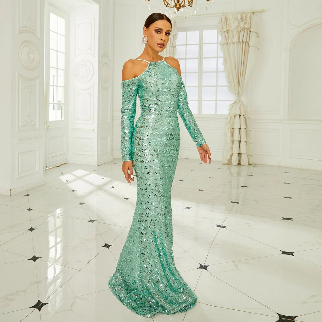 Long Sleeve Off-the-shoulder Banquet Sequined Sheath Fishtail Dress - VAleG