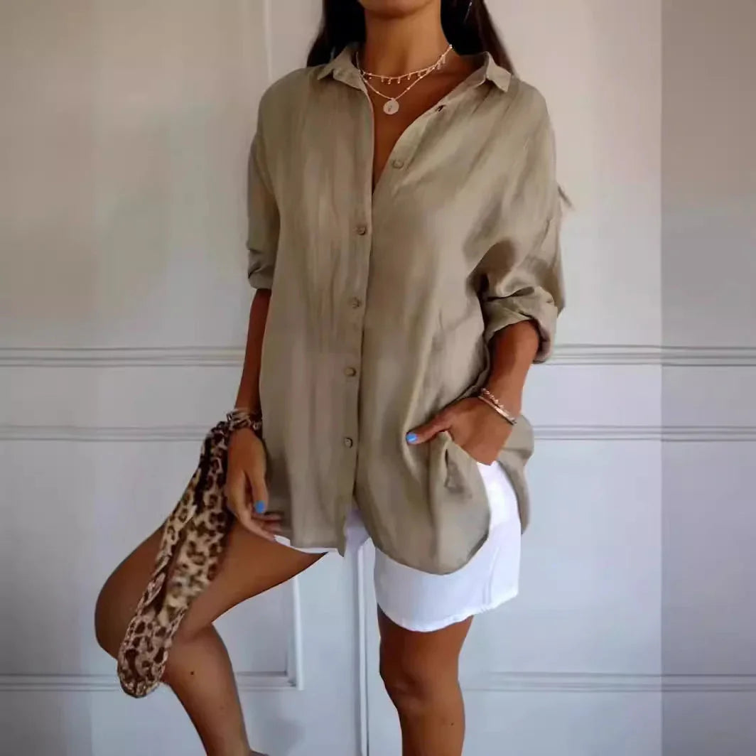 Lapel Long Sleeve Shirt Women's Single-breasted Pleated Shirt - VAleG