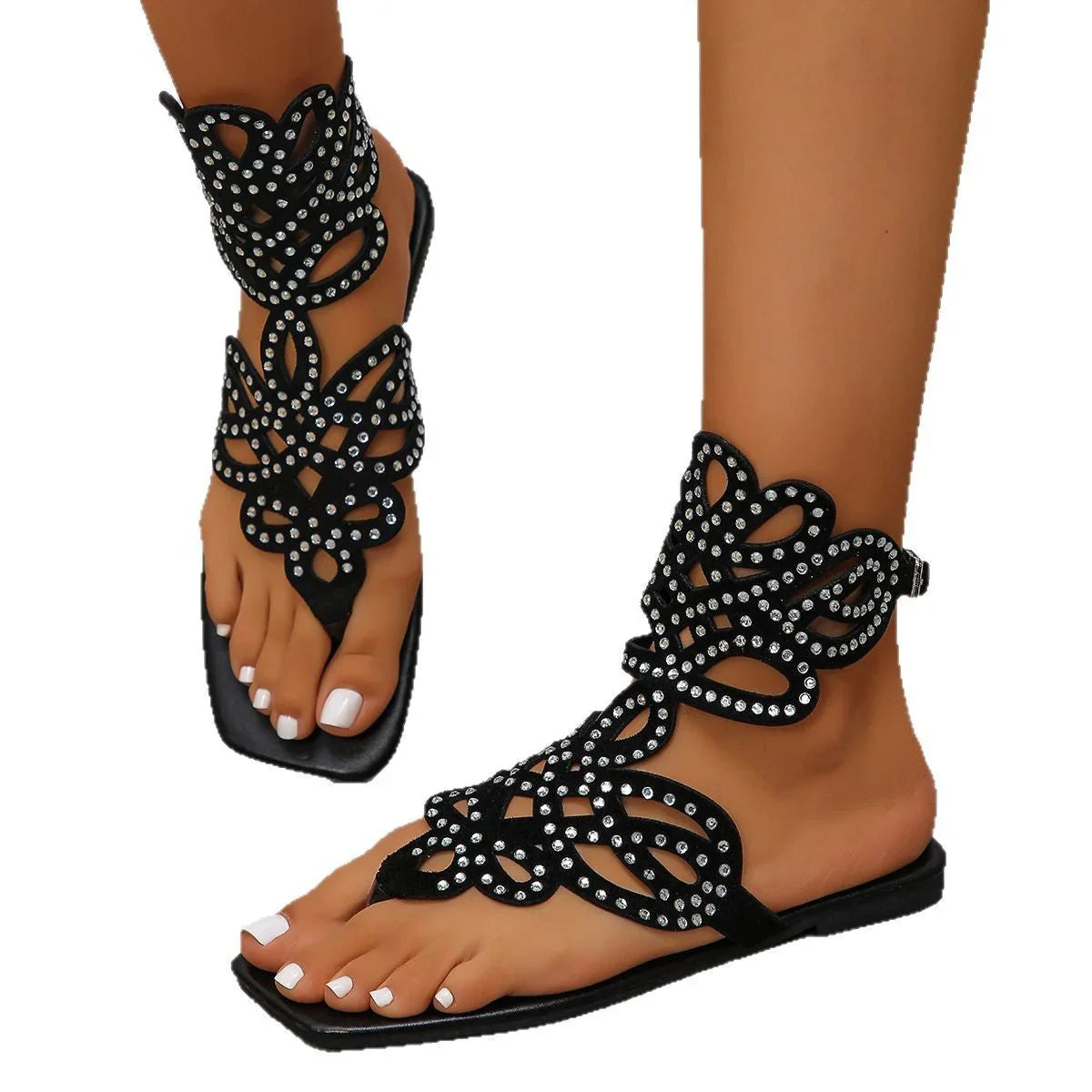 Summer Hollow Rhinestone Buckle Flat Toe Roman Sandals - VAleG