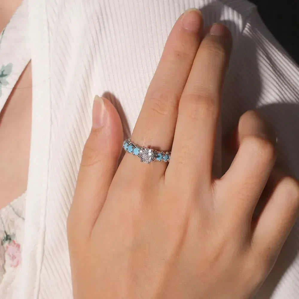 Inlaid Turquoise Zircon 925 Sterling Silver Ring - VAleG