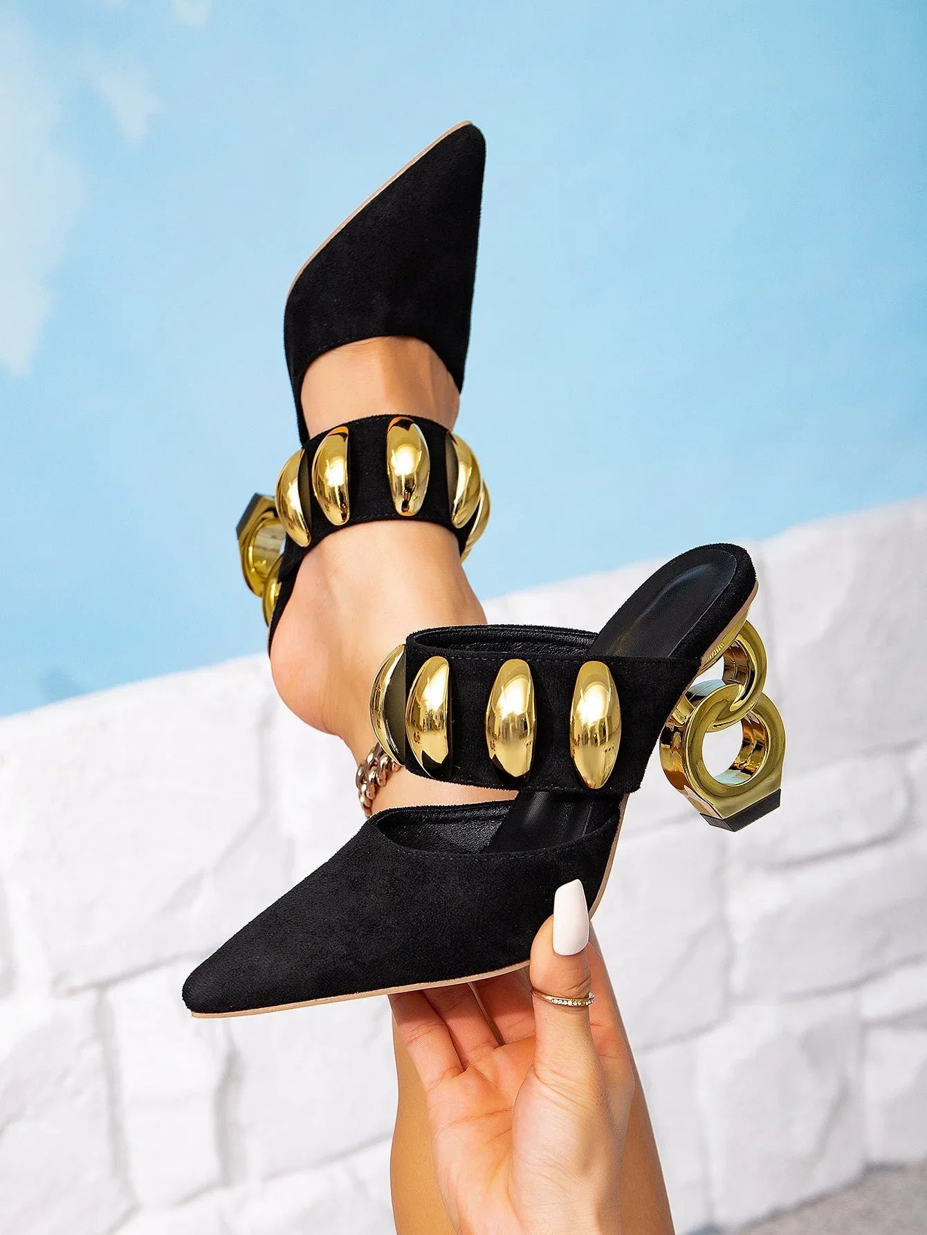 Black High-heeled Sandals Shaped High Heel Gold - VAleG