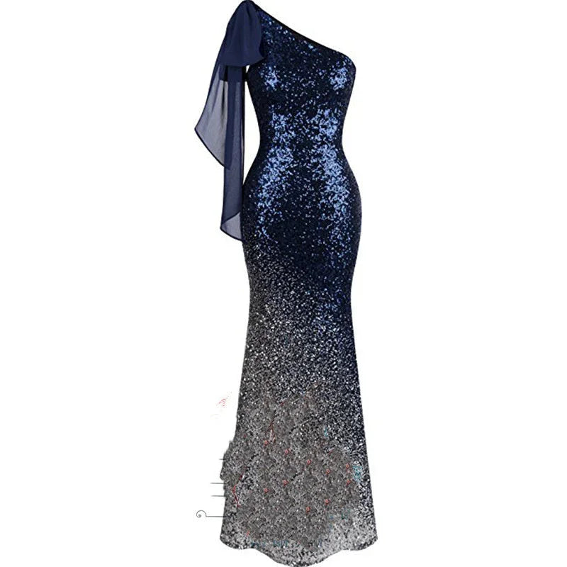 One Shoulder Fishtail Sequin Slim Fit Evening Dress - VAleG