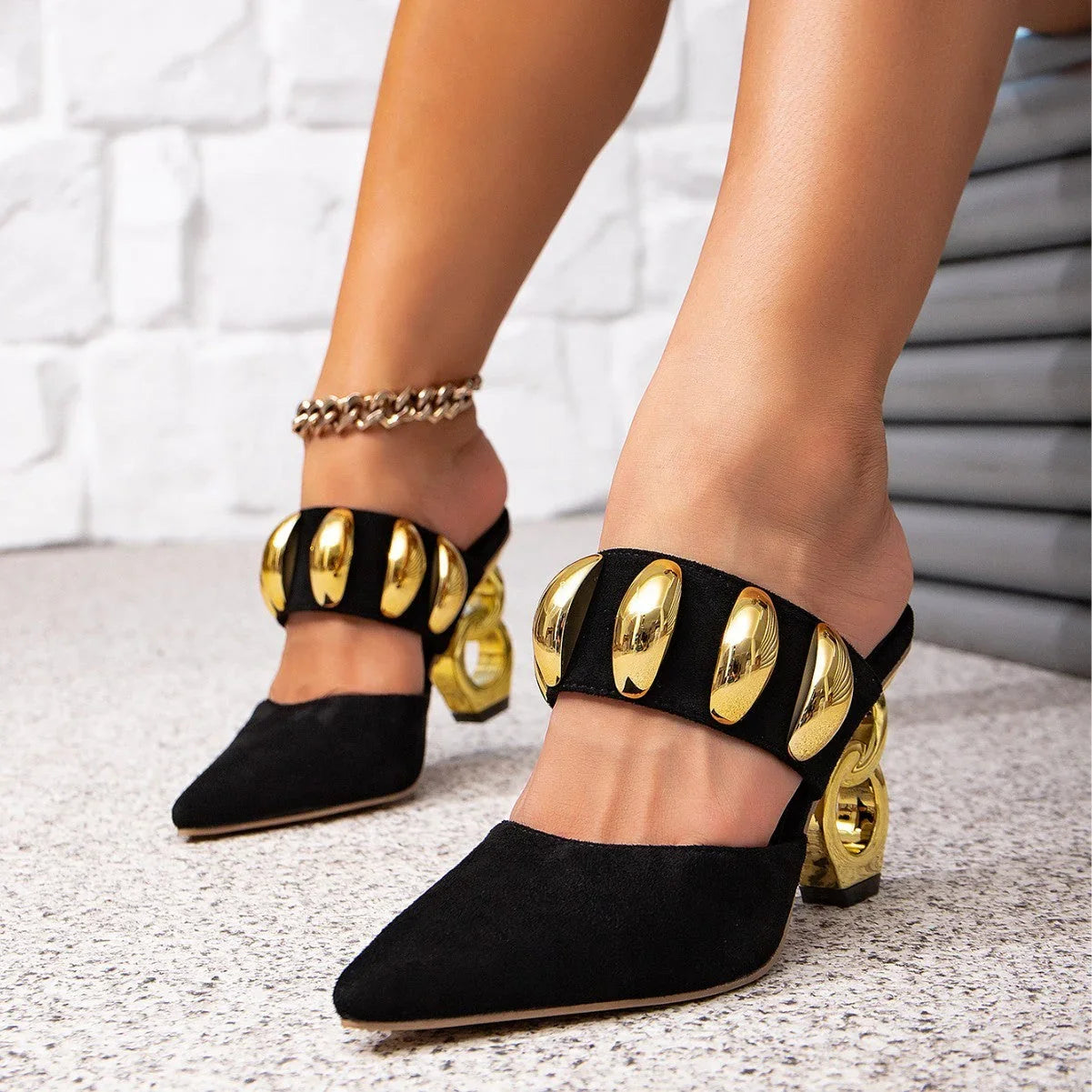 Black High-heeled Sandals Shaped High Heel Gold - VAleG