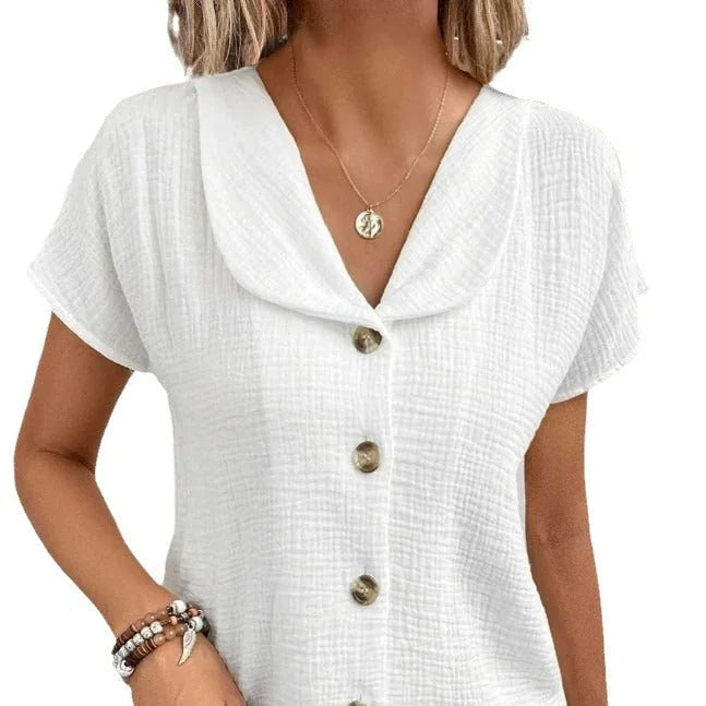 Summer Solid Color Fashion Short-sleeved Cardigan Button Women's Top - VAleG