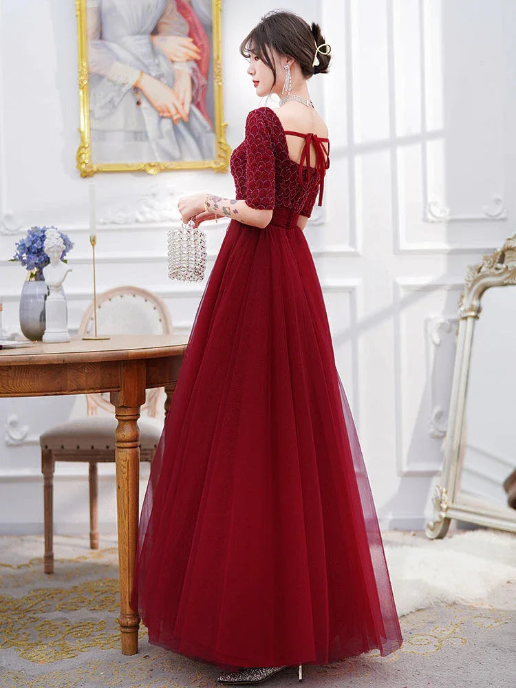 Wine Red Engagement Back Door Evening Dress Female Long Sleeve - VAleG