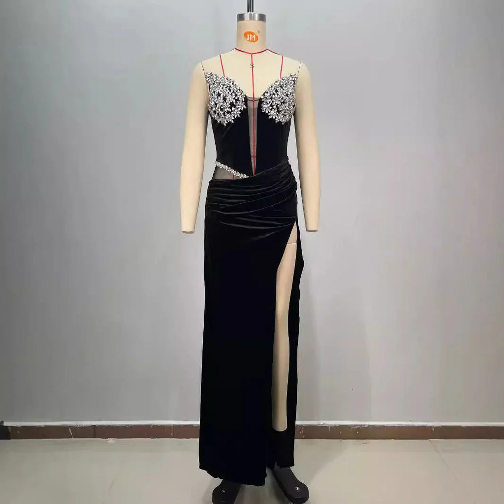 Women's Black Bandeau Slim-fit Hot Drilling Long Dress - VAleG