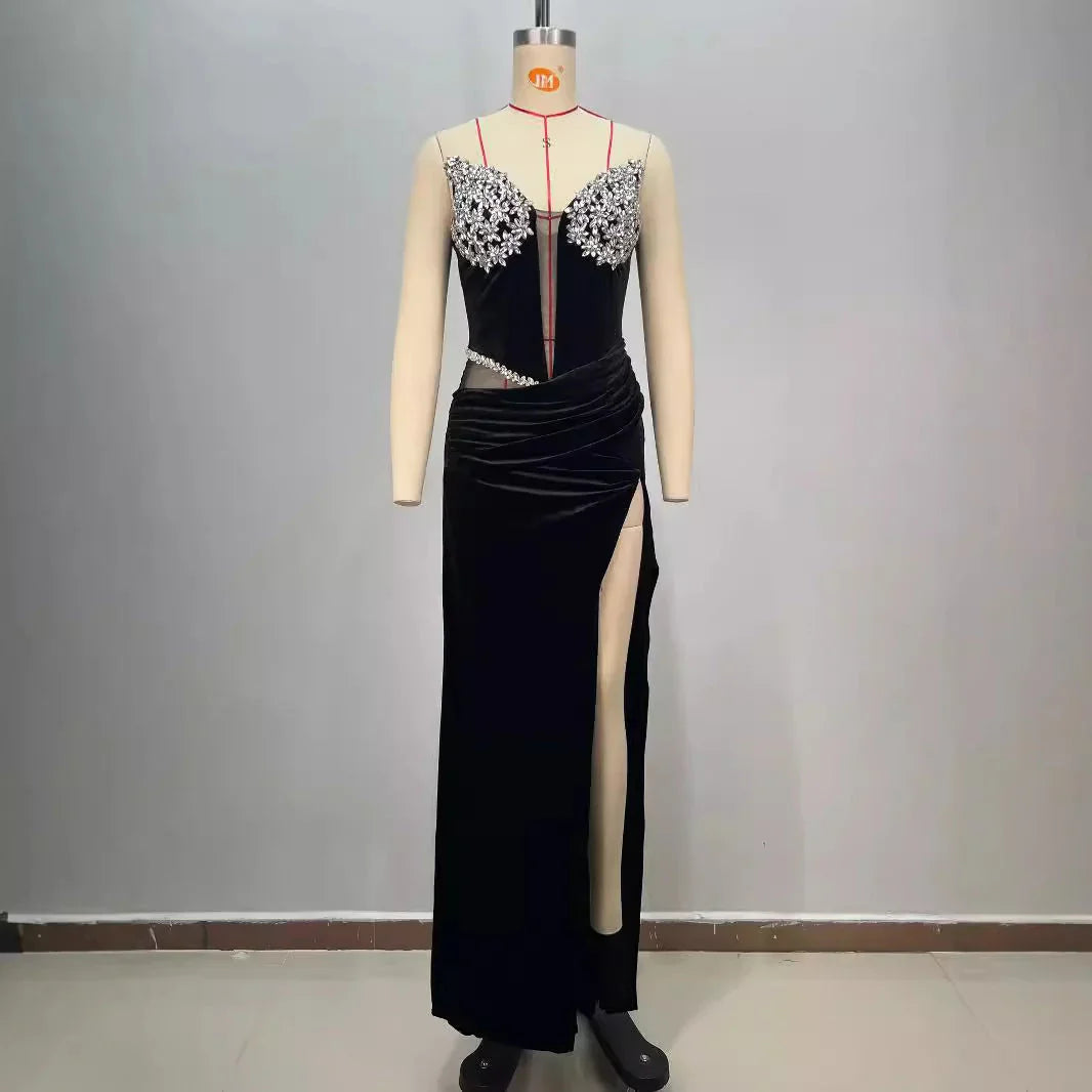 Women's Black Bandeau Slim-fit Hot Drilling Long Dress - VAleG