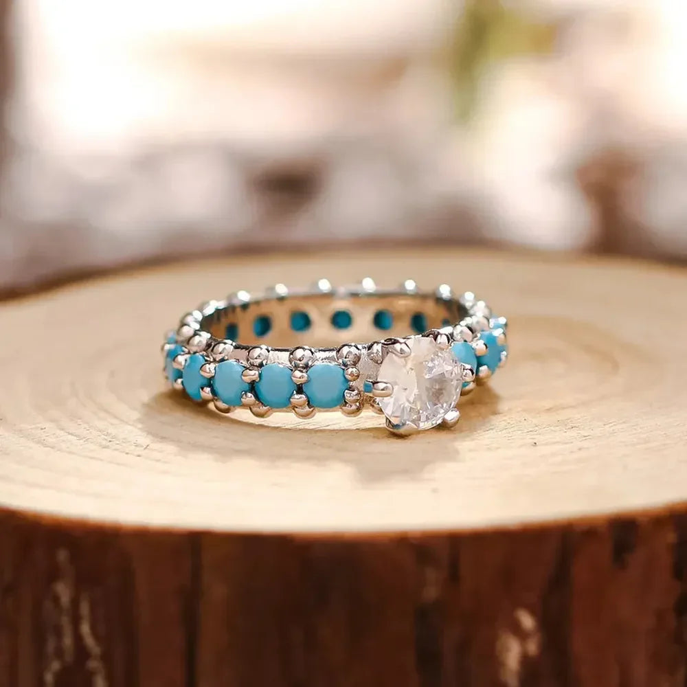 Inlaid Turquoise Zircon 925 Sterling Silver Ring - VAleG