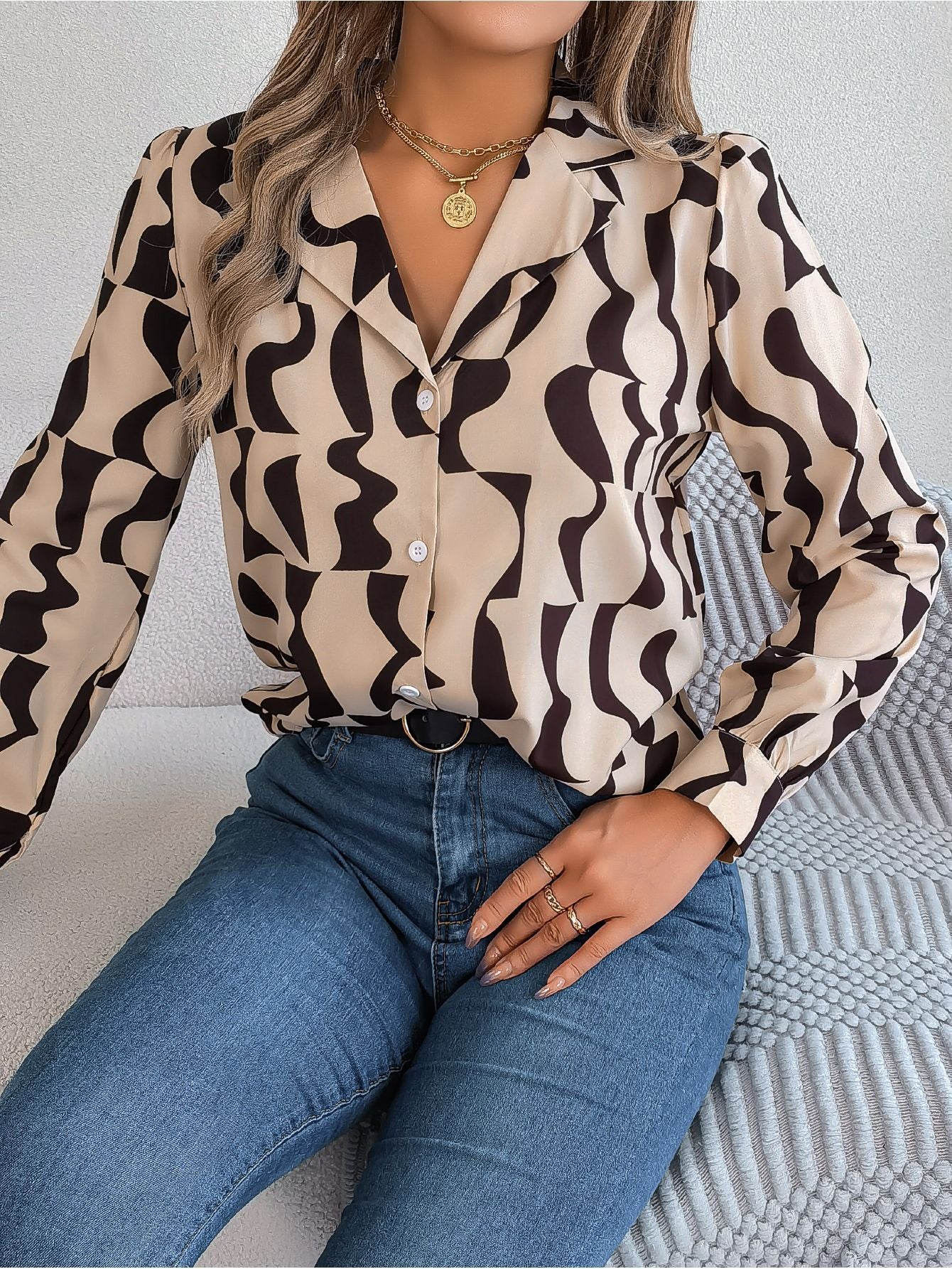 Commuting Elegant Contrast Color Striped Suit Collar Long Sleeve Shirt VAleG