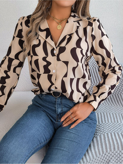 Commuting Elegant Contrast Color Striped Suit Collar Long Sleeve Shirt VAleG
