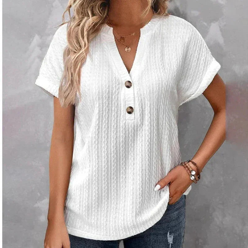 Women's Batwing Sleeve Solid Color And V-neck Button T-shirt - VAleG