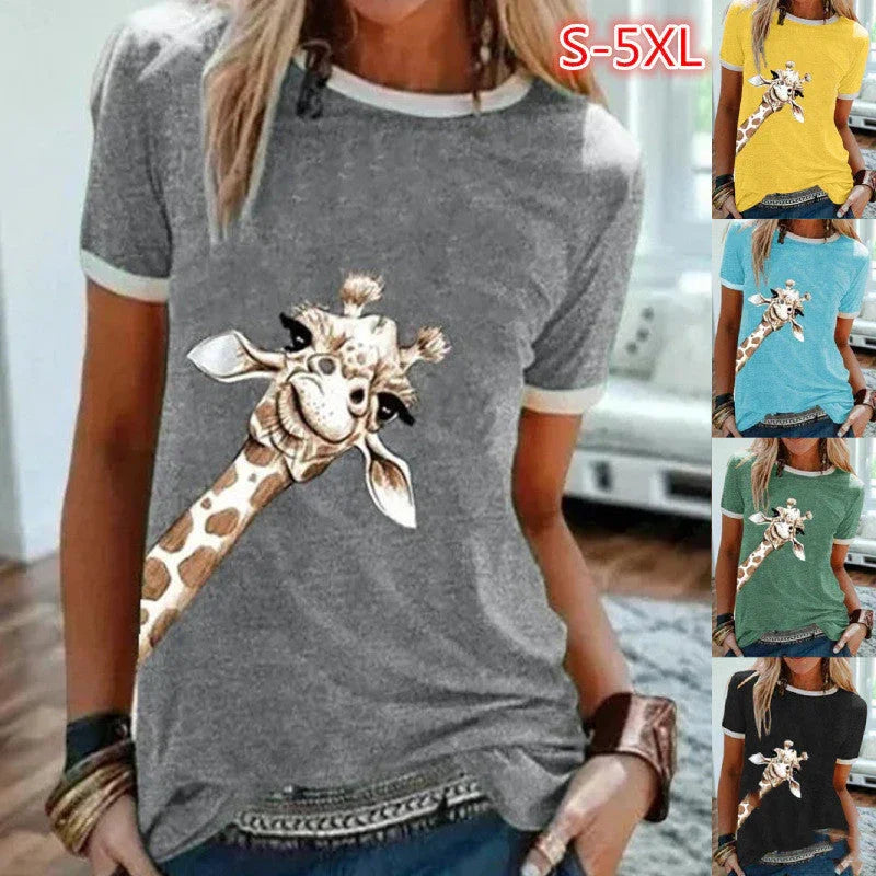 Foreign Trade Supply New European And American Fashion Giraffe Print Solid Color Short Sleeve Crew Neck T-shirt Top F2R348 - VAleG