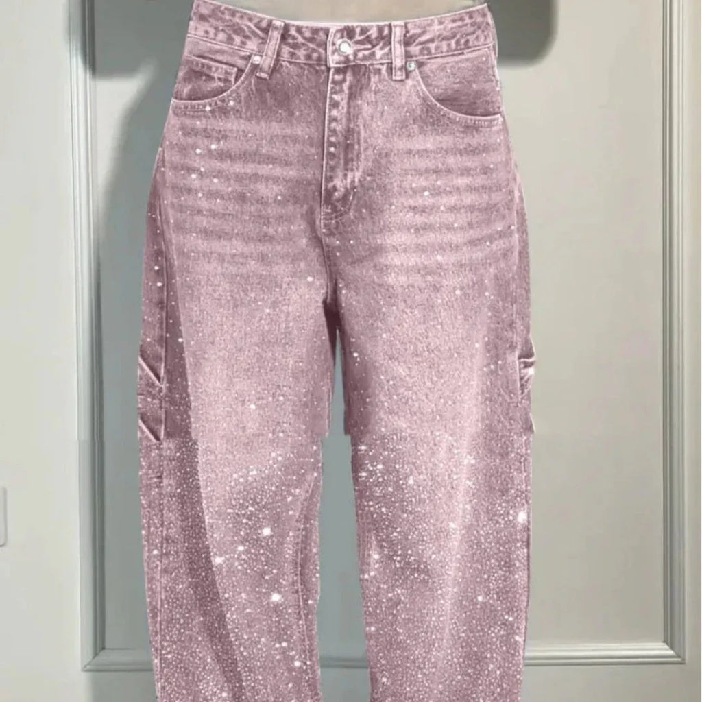 Ins Shiny Straight Jeans With Pockets Fashion Loose Wide-leg Pants For Women Street-style Trousers - VAleG