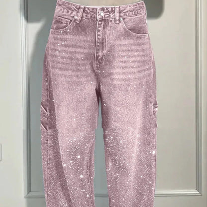 Ins Shiny Straight Jeans With Pockets Fashion Loose Wide-leg Pants For Women Street-style Trousers VAleG