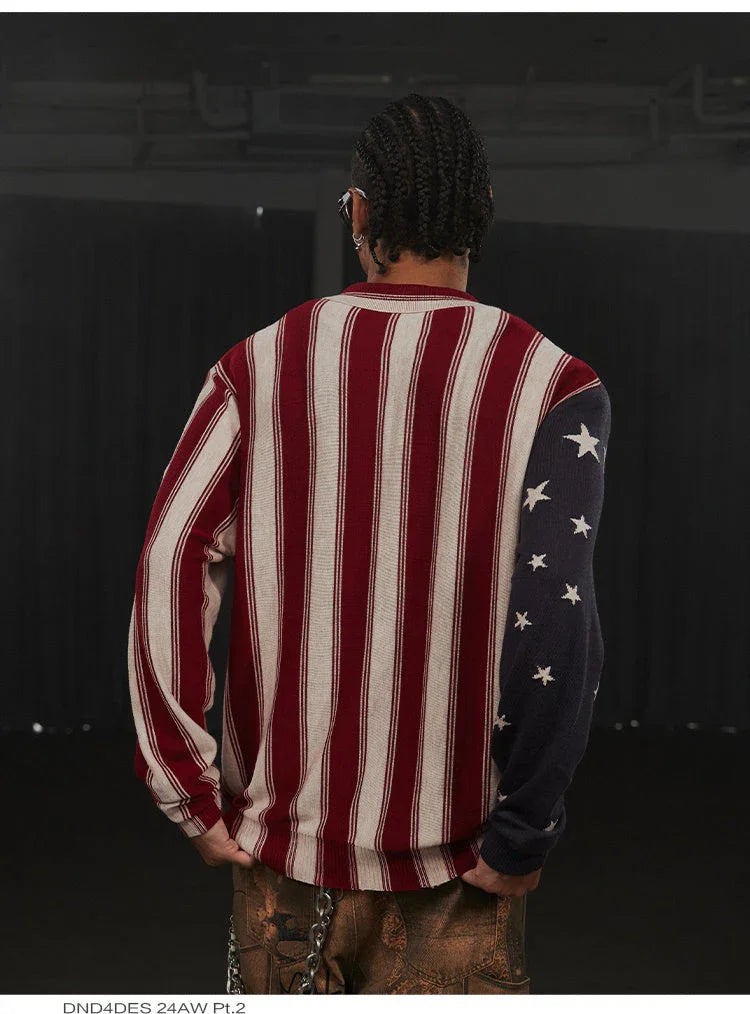 American Retro Flag XINGX Printed Striped Sweater Short Wide Long-sleeved Shirt - VAleG