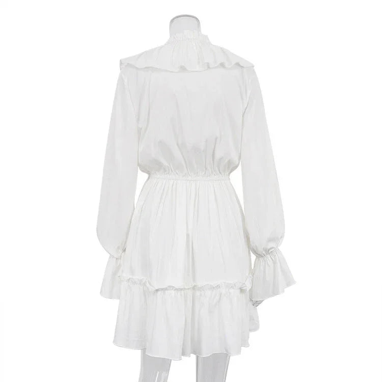 Fashion V Neck Pleated Ruffle Long Sleeve Dress Y2K V Neck Flared Sleeve Short Dress Women's Clothing - VAleG