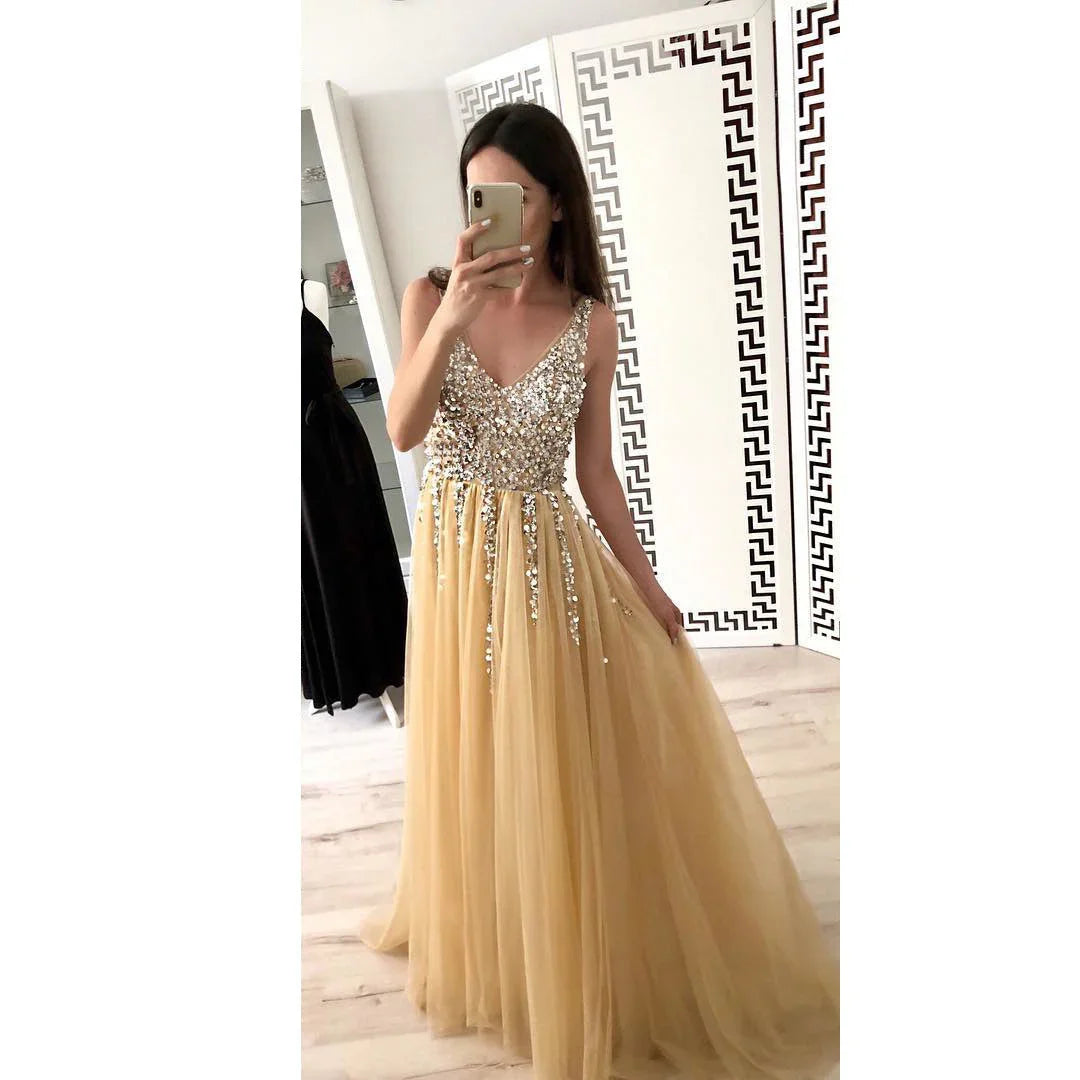 Hot Sale Front And Back V-neck Sequined Floor-length Dovetail Dress - VAleG