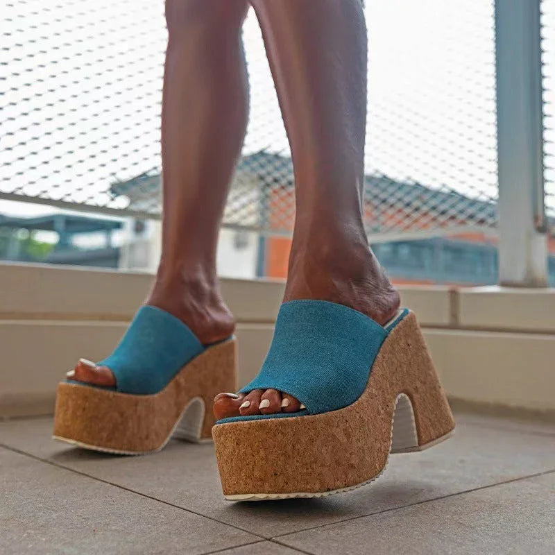 Platform Slippers Women's Light Blue One-line - VAleG