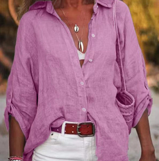Cotton And Linen Solid Color Loose Type Sleeve Shirt VAleG