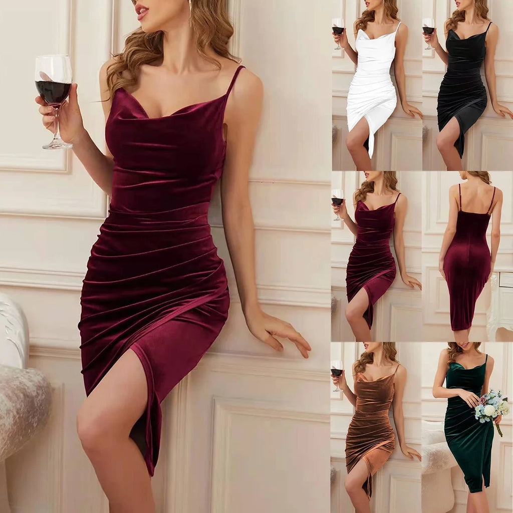 Fashion Women's Temperament Slit Pleated Velvet Sling Dress - VAleG