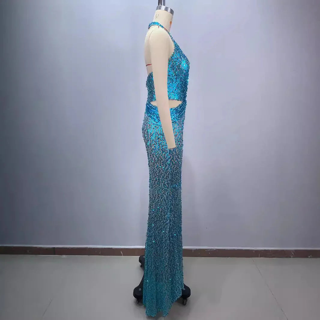 New Halter Deep V-neck Slim Slimming Party Stage Host Hostess Evening Dress - VAleG
