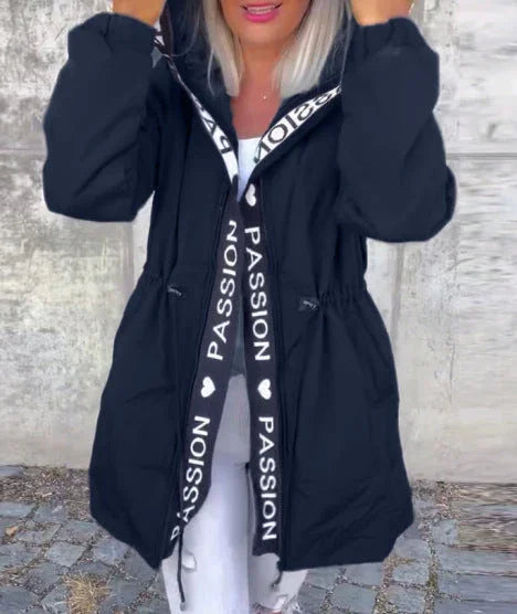 Women's Letter Pocket Hooded Drawstring Zipper Jacket - VAleG