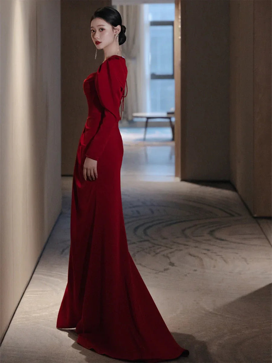 Bride Fishtail Square Collar Long Sleeve Design Simple Satin Evening Dress - VAleG