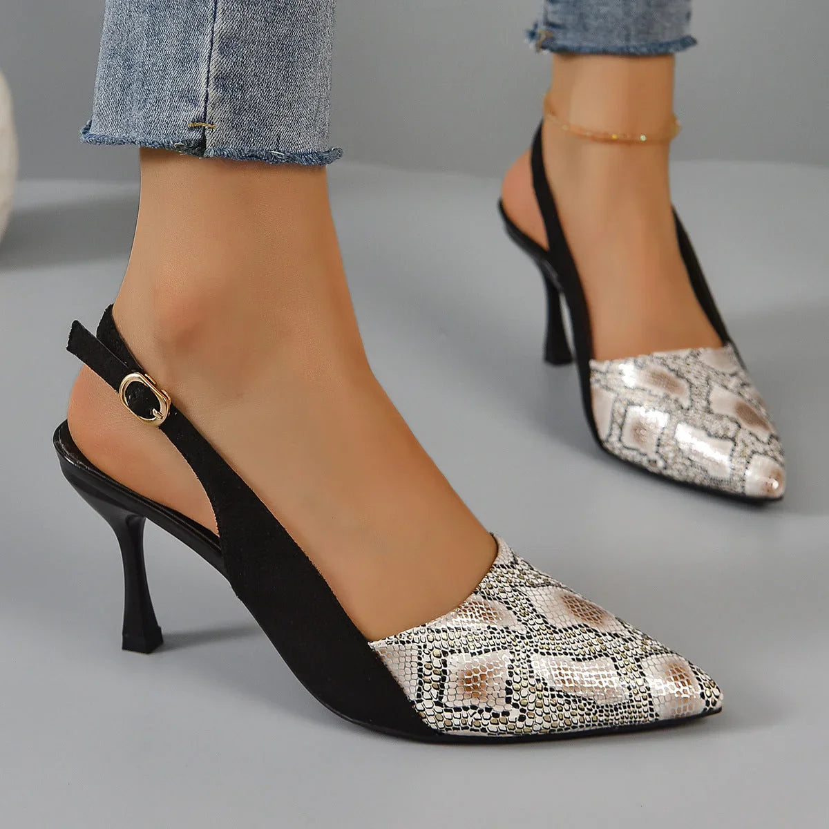 Snake Skin Pattern Face High-heeled Fashion Sandals Female - VAleG