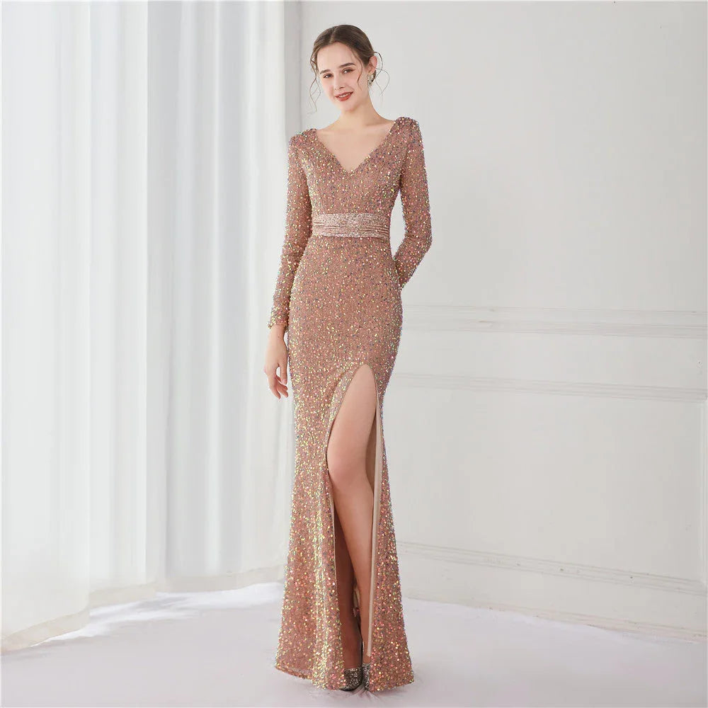 Long Sleeve Sequined Gas Field Queen Fishtail Evening Dress - VAleG