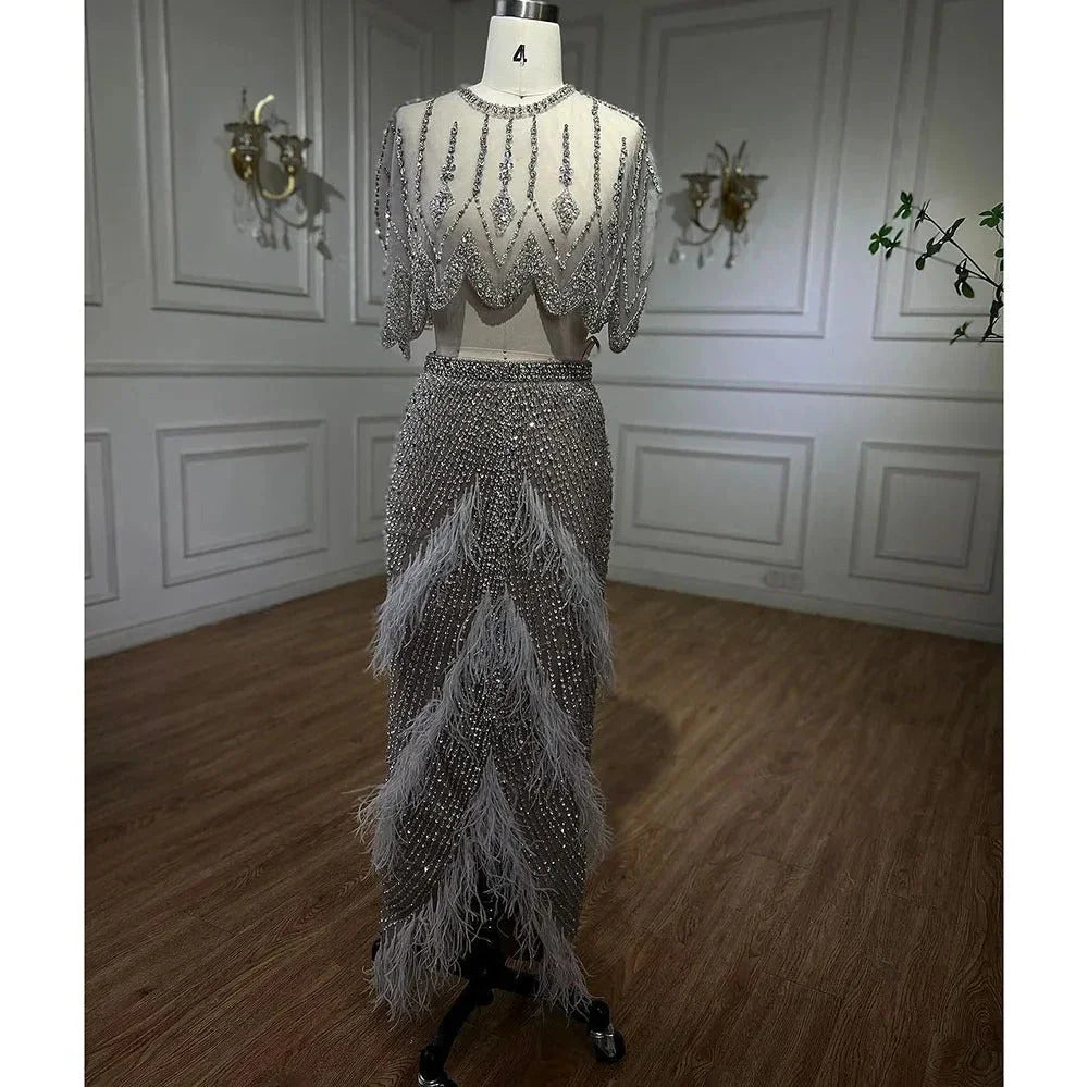 European And American Silver Nude Slim-fit Feather Shawl Host Performance Ladies' Evening Dress - VAleG