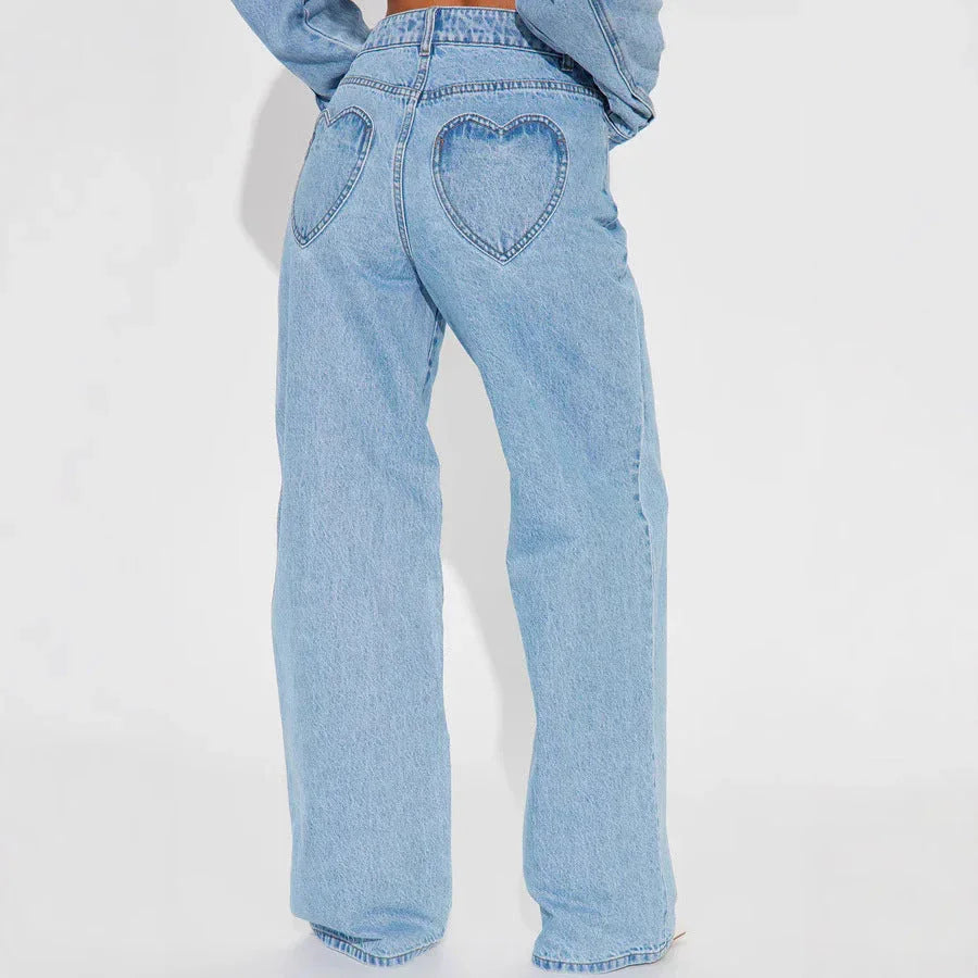 Straight Slimming Trousers Love Pocket High Waist Loose Jeans - VAleG