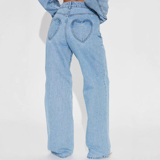 Straight Slimming Trousers Love Pocket High Waist Loose Jeans - VAleG