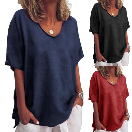 Cotton And Linen Solid Color Short-sleeved T-shirt Women's Casual Coat VAleG
