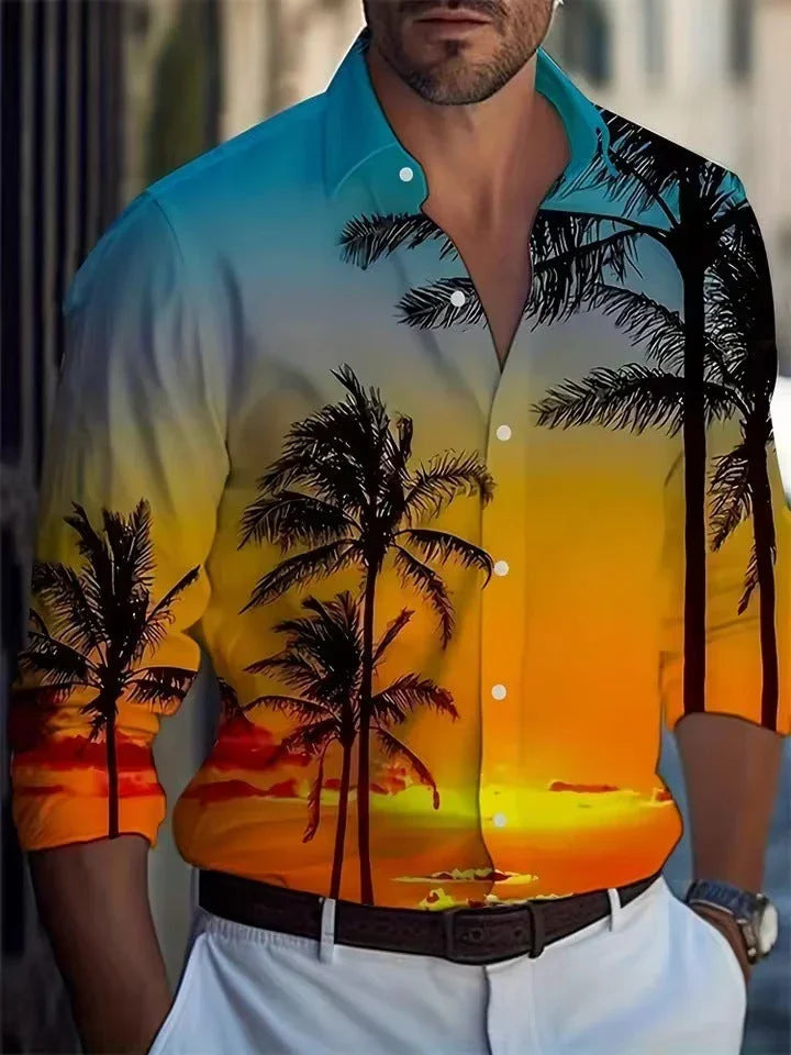 Men's Long Sleeve Shirt Palm Tree And Striped Printed Shirt Everyday Fashion Men's Casual Shirt - VAleG