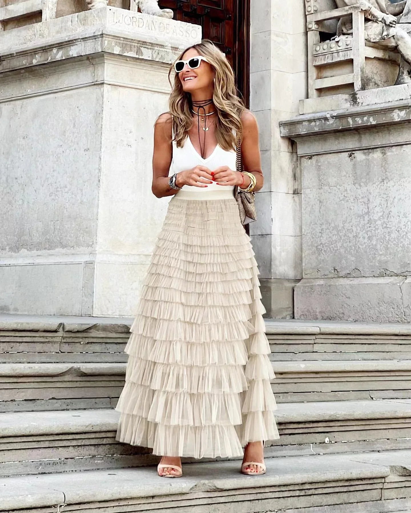 Layered Ruffles Cake Skirt Summer Fashion A Line Swing Mesh Long Skirt Party Dress Women - VAleG