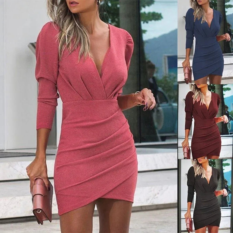 Thin Women's Solid Color Hedging Long Sleeve Dress - VAleG