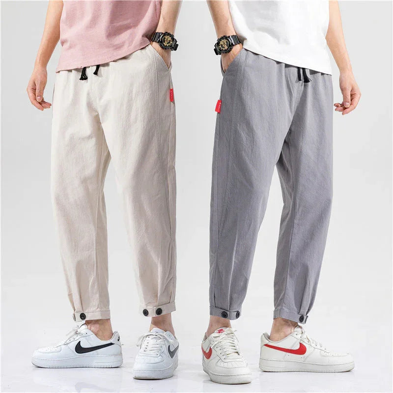Men's Straight Casual Loose Cotton And Linen Cropped Pants - VAleG