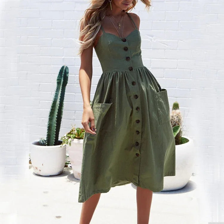 Sexy Suspender Button Pocket Halter Dress - VAleG