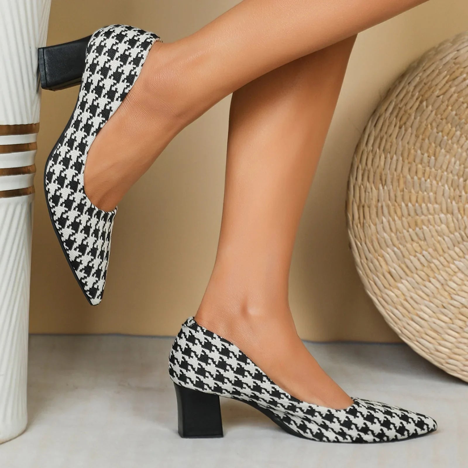 Houndstooth High Heels Women Low-cut Chunky Heel Shoes - VAleG