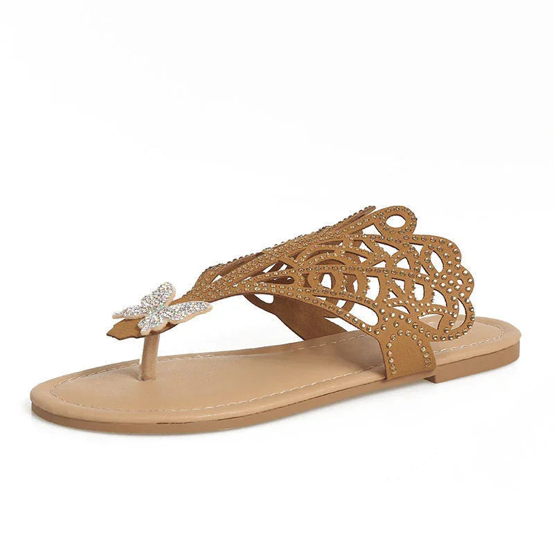 Slip-on Flip-toe Sandals Women's Rhinestone Hollow Flat-heeled Slippers - VAleG