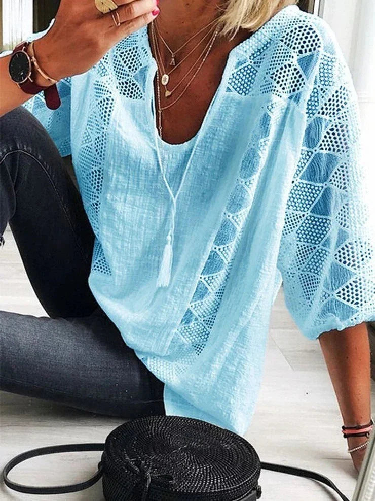 Lace stitching U-neck 3.4 sleeve T-shirt - VAleG