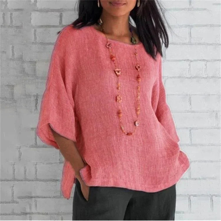 Sleeves round neck cotton and linen shirt - VAleG
