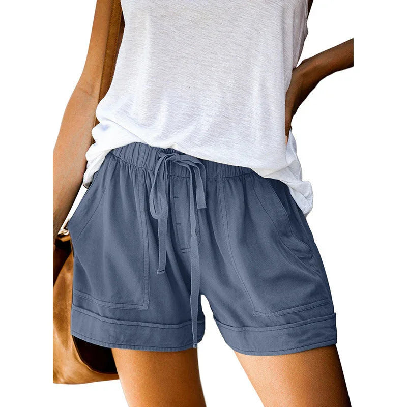 Wide leg loose high waist elastic lace-up shorts - VAleG
