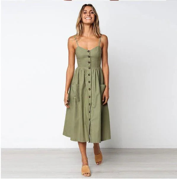 Sexy Suspender Button Pocket Halter Dress - VAleG