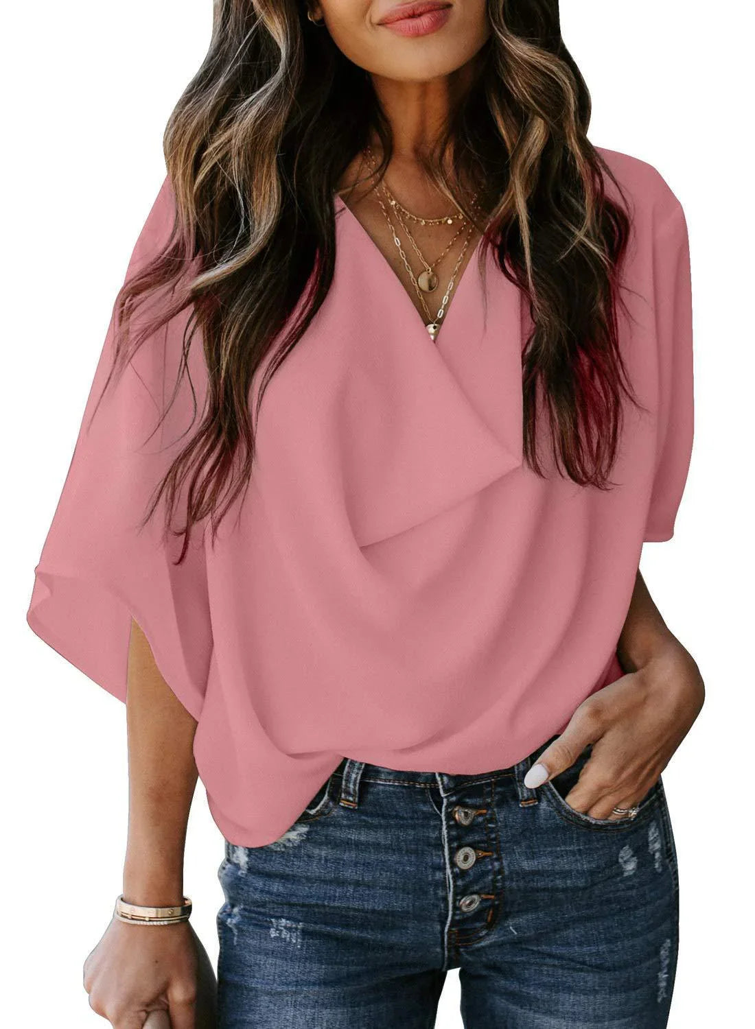 Chiffon shirt loose v-neck top - VAleG