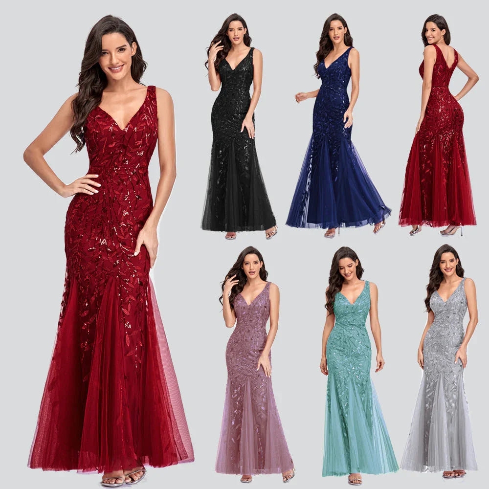 Sexy Long Dress Sleeveless V-neck Embroidered Sequin Slim Mermaid Dress - VAleG