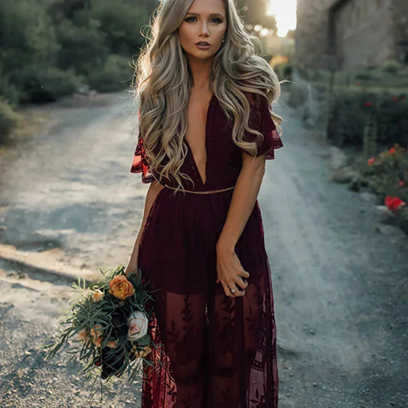 Deep V-neck Short Sleeve Lace Perspective Tight-Sleeve Dress Maxi Dress - VAleG