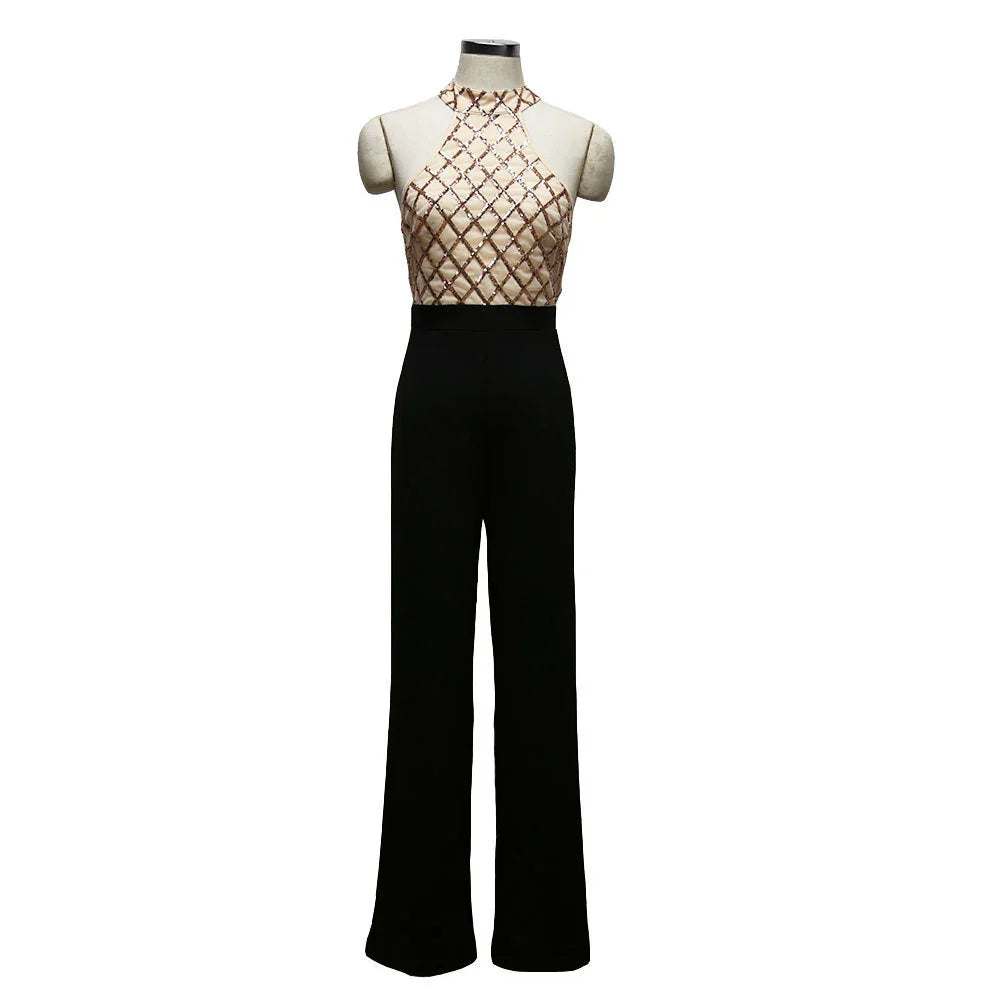European and American women's sexy jumpsuit hanging neck sequins stitching trumpet jumpsuit trousers - VAleG