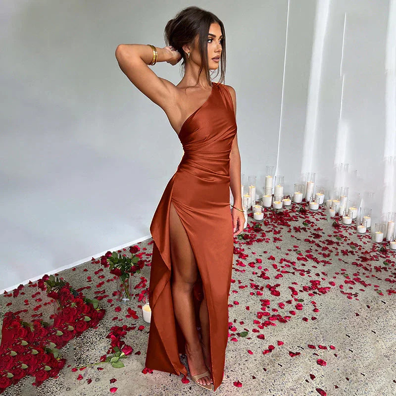Sexy One-shoulder Backless Slit Dress Summer Elegant Slim-fit Solid Color Satin Dresses For Women - VAleG