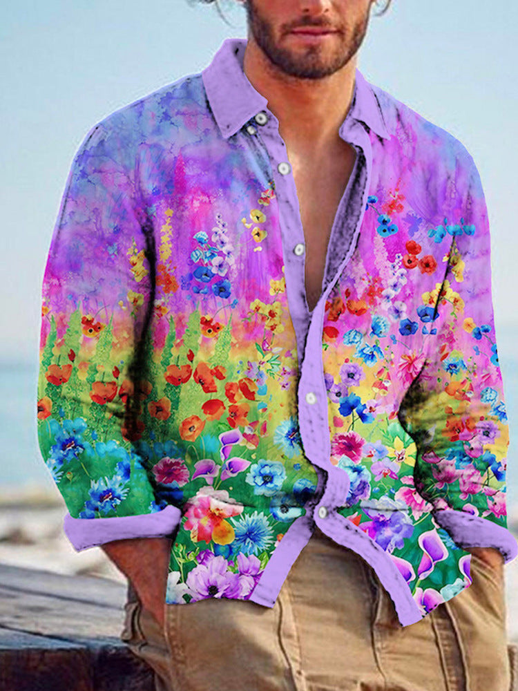 Color Matching Bamboo Linen Printed Men's Shirt VAleG